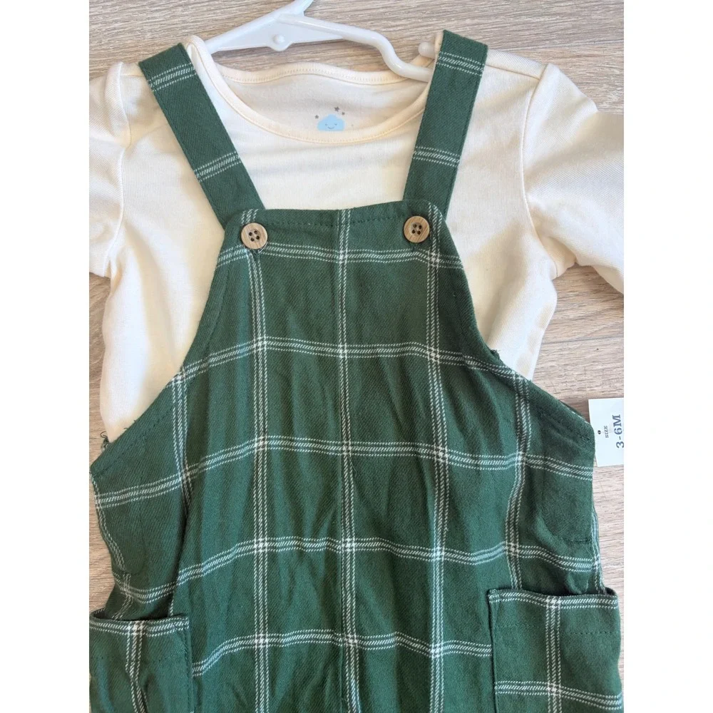 Cloud Island Baby Boys Green Plaid Overalls and L/S shirt Set 3-6M NWT
